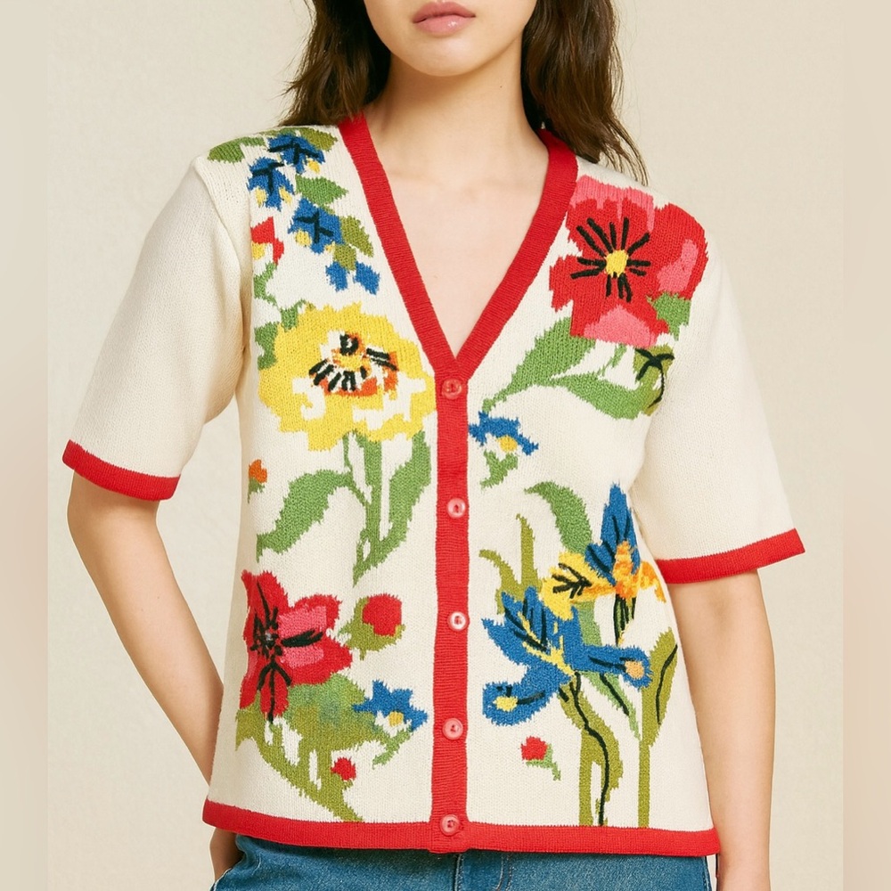 VTG 1992 Susan Bristol Floral Knit Short Sleeve Cardigan – SIZE Medium EUC